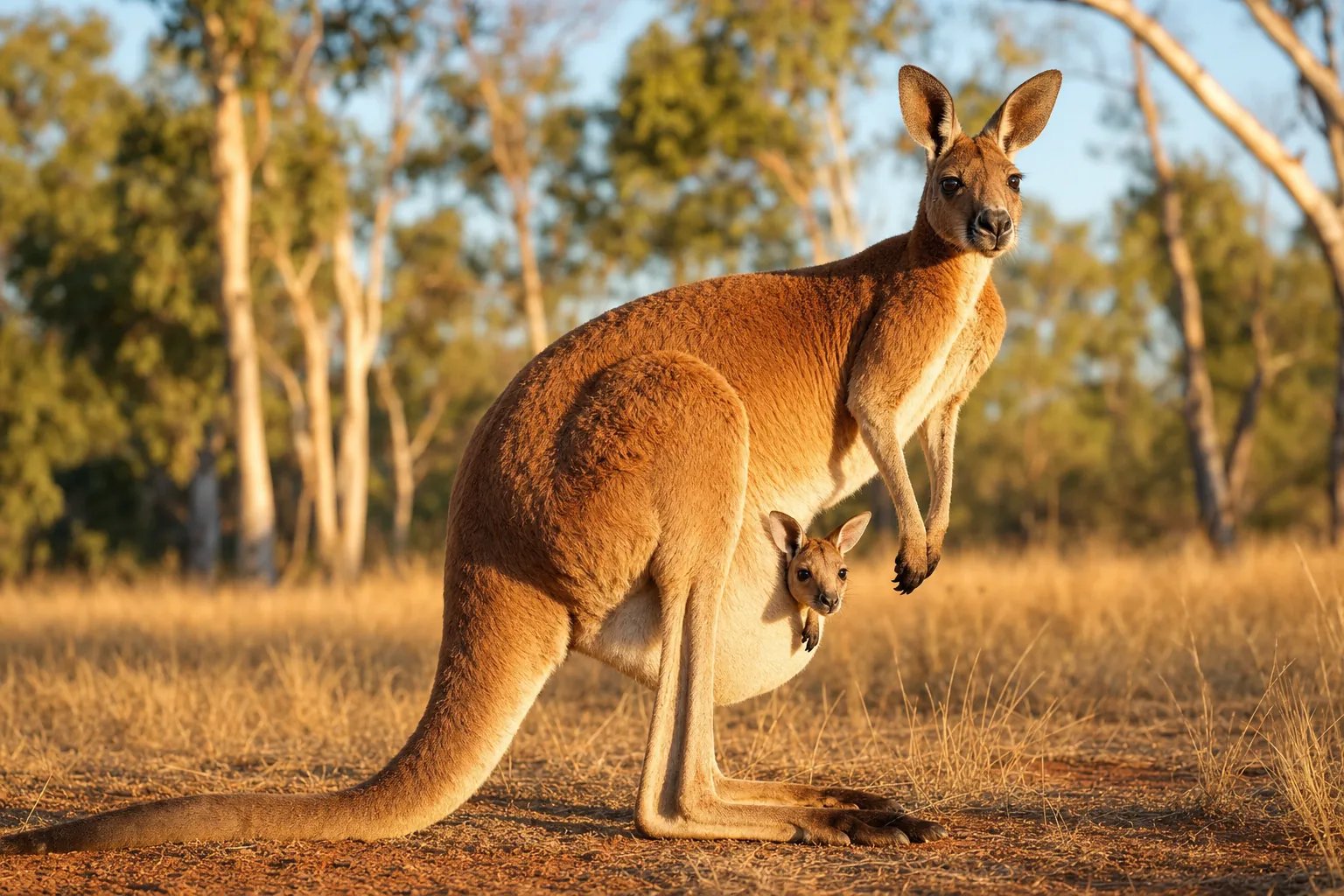 An adult kangaroo stands in a grassy field with a joey peeking out of its pouch and trees in the background.