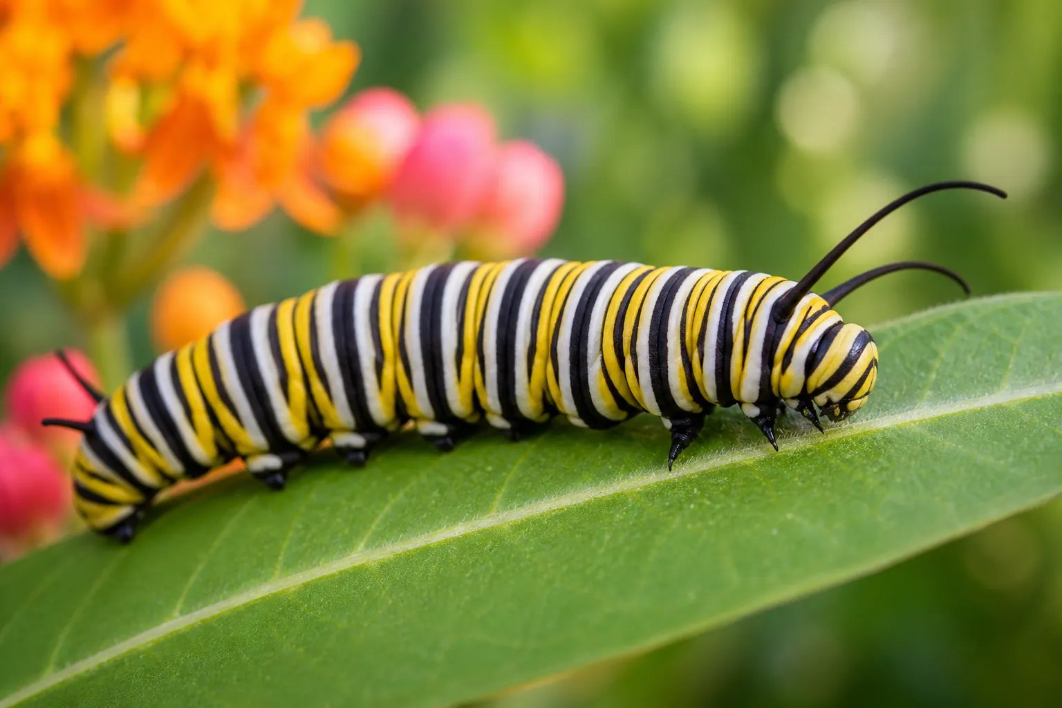 A yellow, black, and white striped Monarch caterpillar crawls along a green leaf with orange flowers in the background.