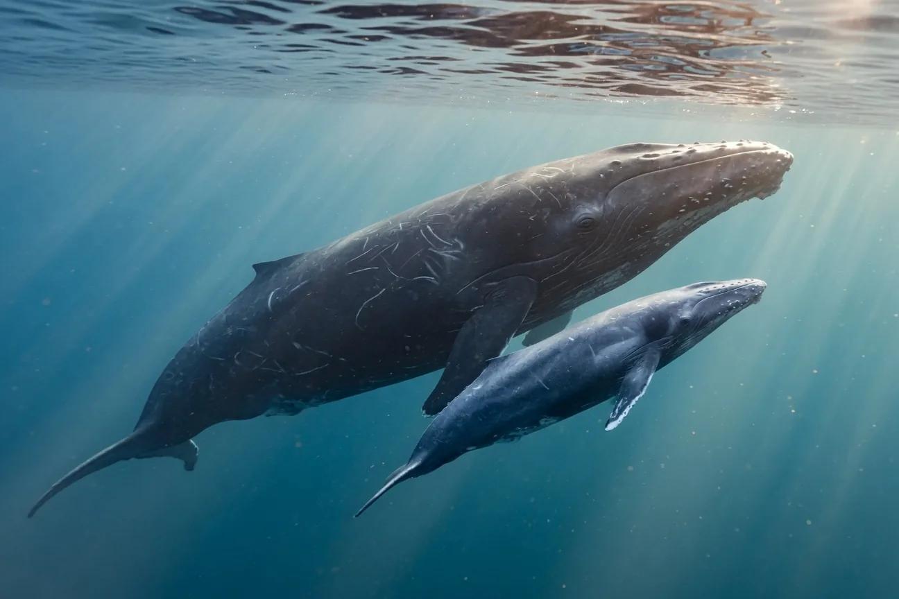 A blue whale mother swimming with her calf in sunlit ocean water