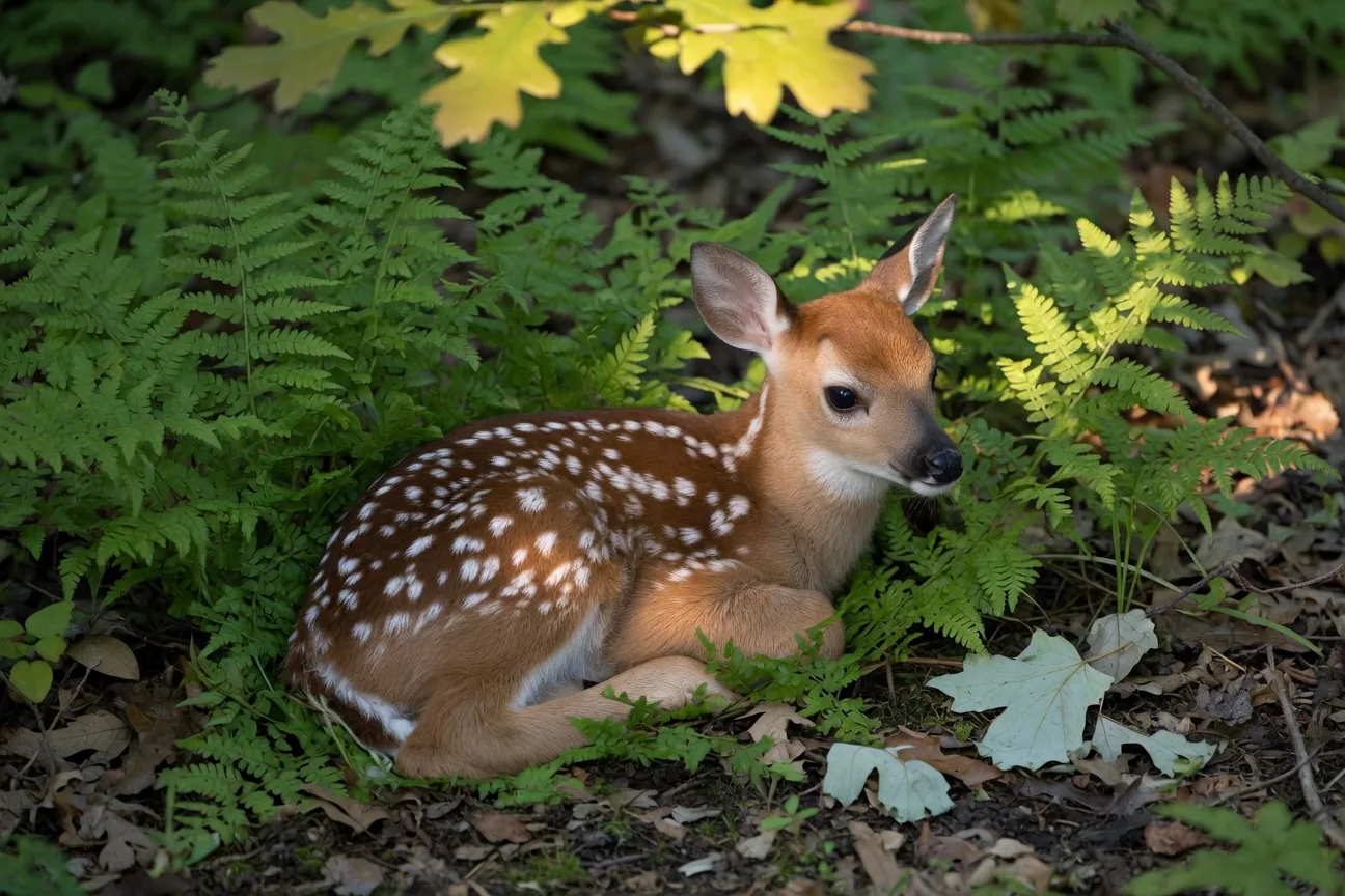 A young white-tailed deer fawn with spotted coat resting in forest undergrowth