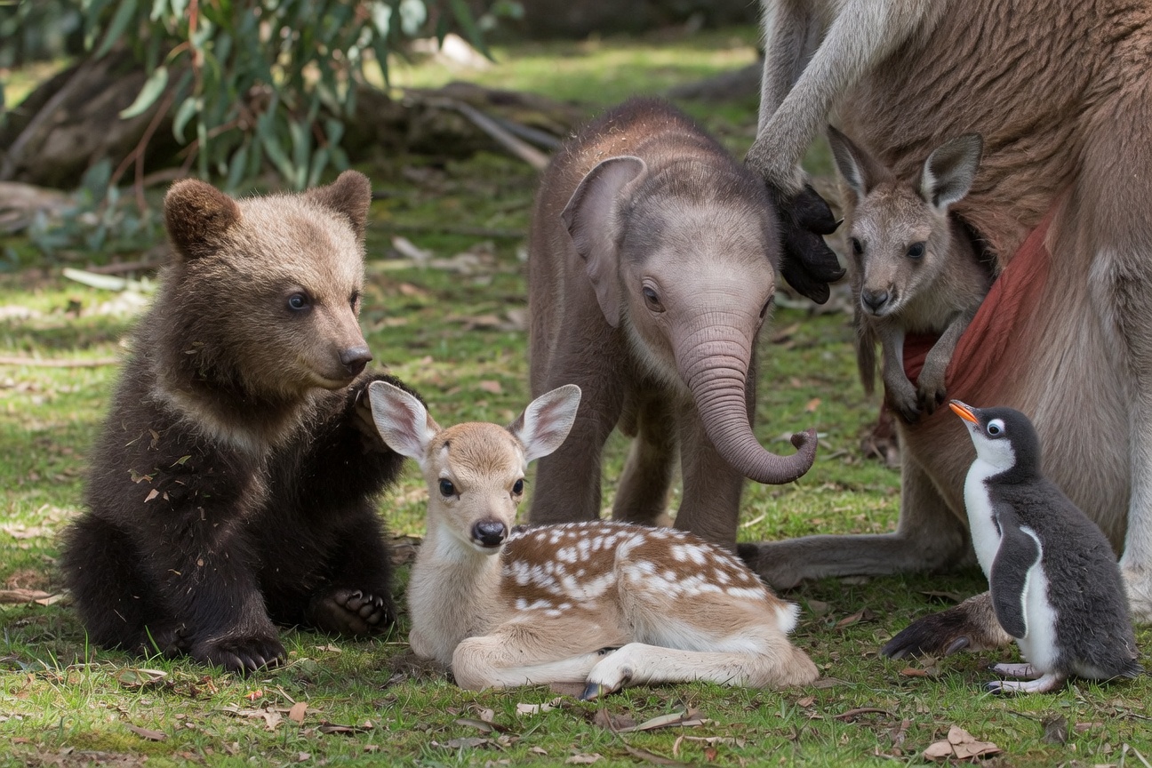 A bear cub, fawn, elephant calf, penguin chick, and kangaroo joey sit together on a grassy lawn.
