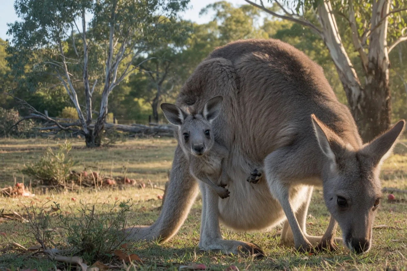 A baby kangaroo joey peeking out from its mother's pouch