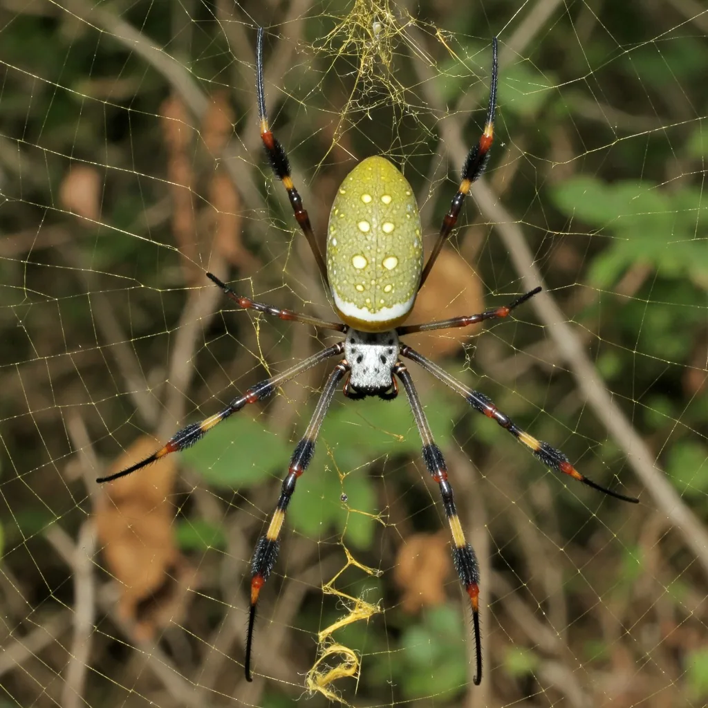 Close-up of a female golden silk orb-weaver banana spider showing her yellowish-green body, white abdominal patches, and long striped legs with dark hair tufts