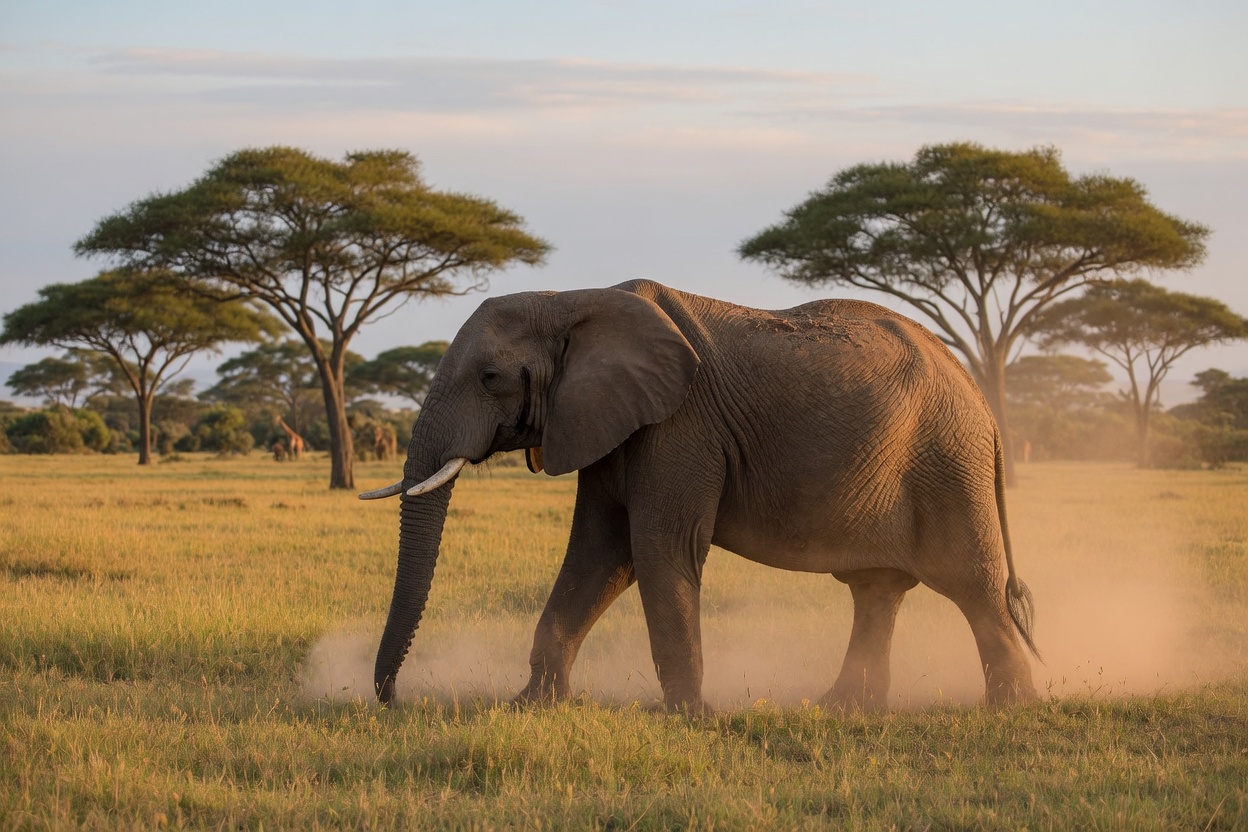 A majestic African elephant walking across a golden savanna.