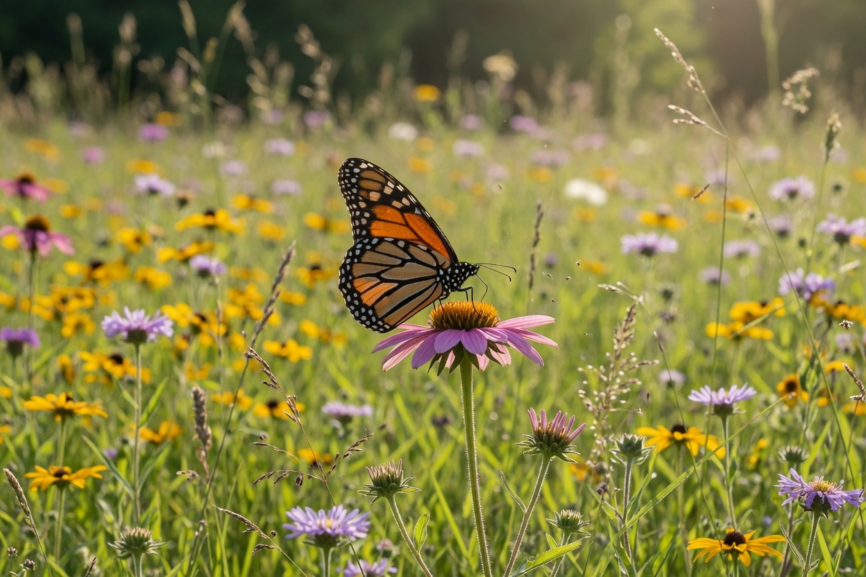 A monarch butterfly resting on wildflowers in a sunny meadow.