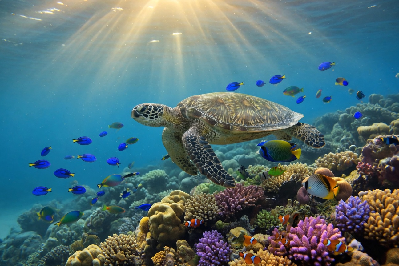 A green sea turtle gliding over a colourful coral reef.