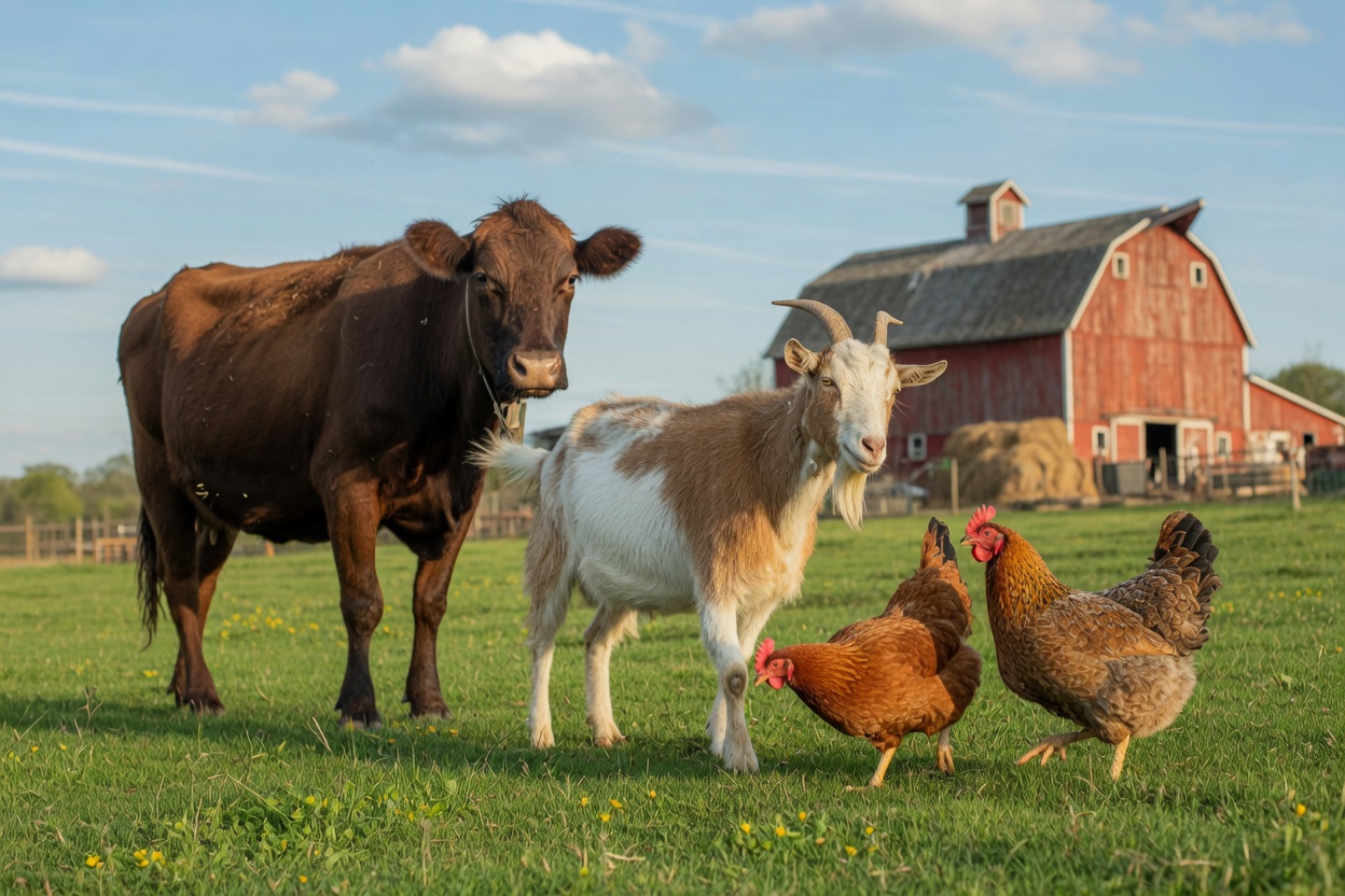 A cow, chickens and a goat together on a sunny farm pasture.