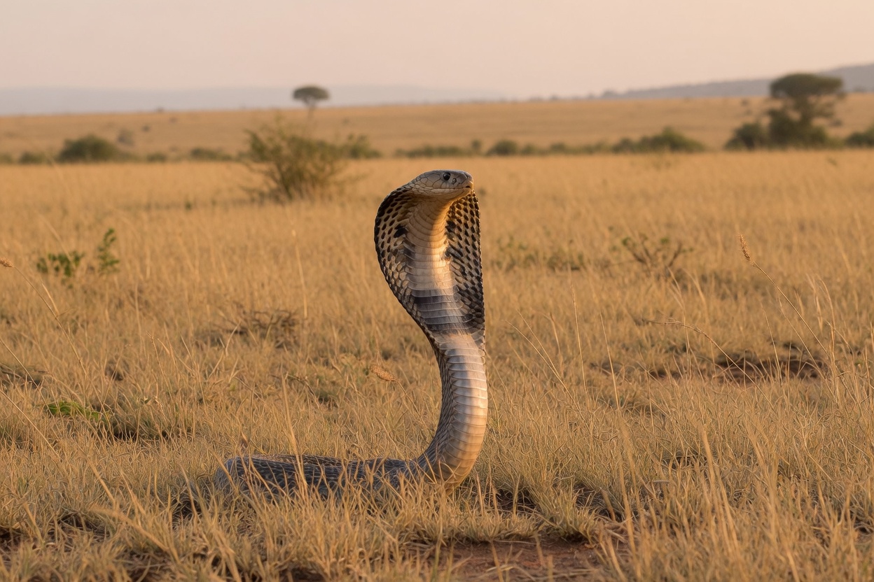 A cobra rearing up with its hood spread in golden savanna grassland.