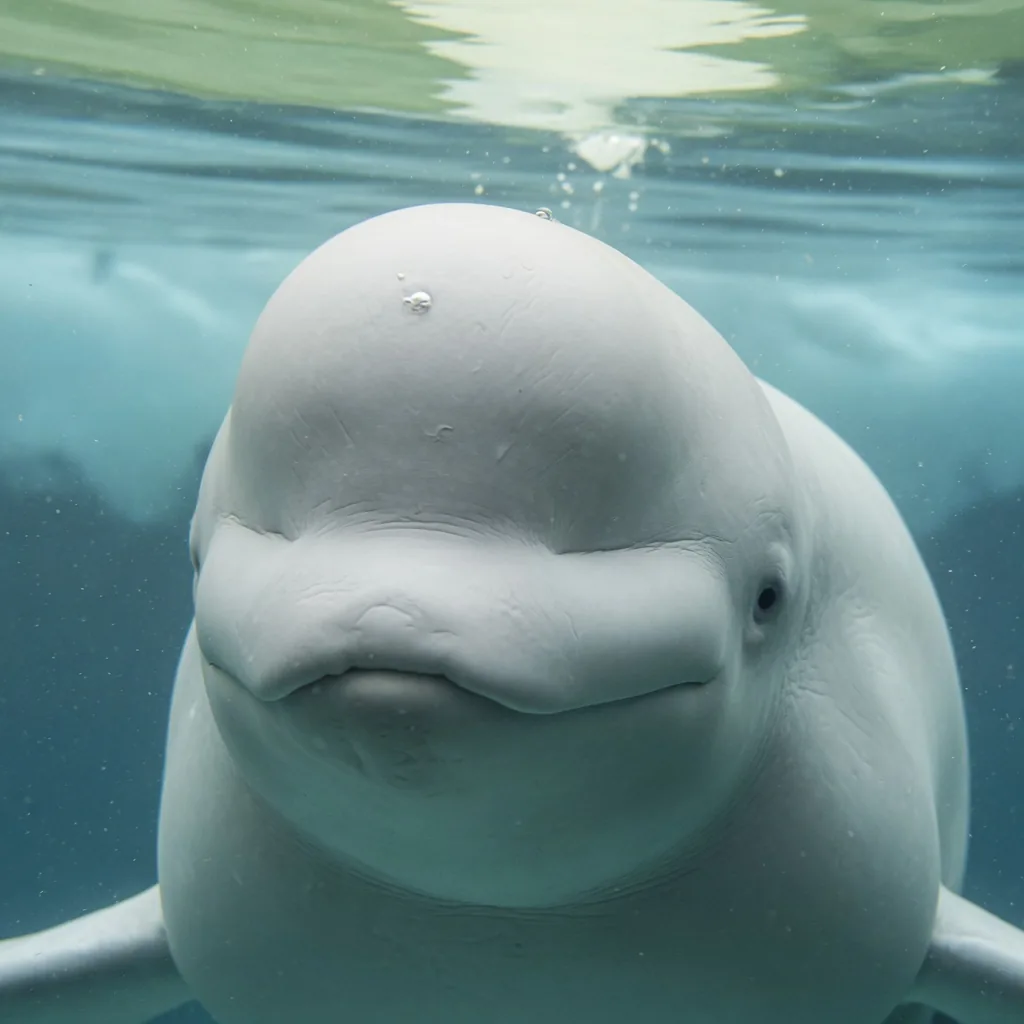 Close-up of a beluga whale's distinctive rounded melon forehead used for echolocation