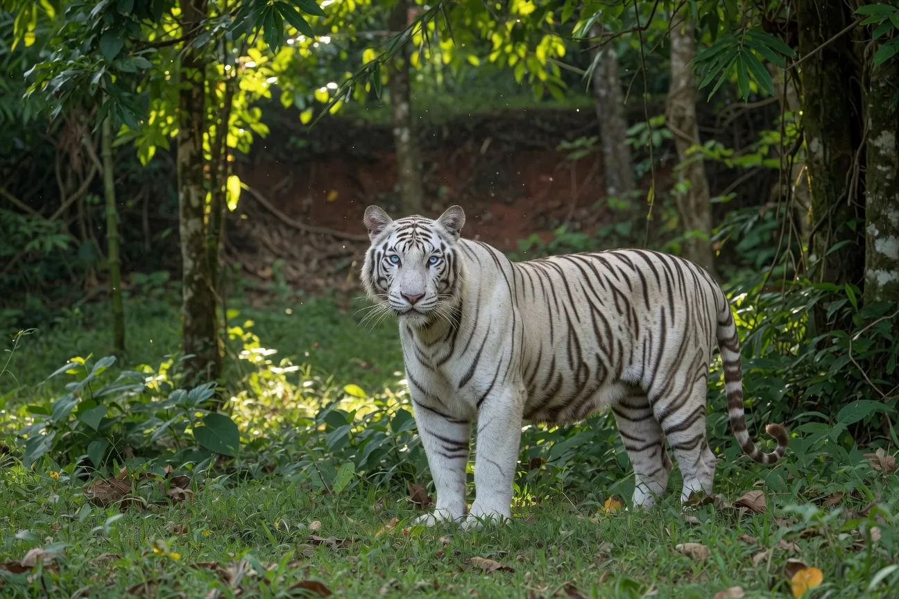 A rare white Bengal tiger standing in a forest clearing, with ice-blue eyes and bold black stripes on snow-white fur