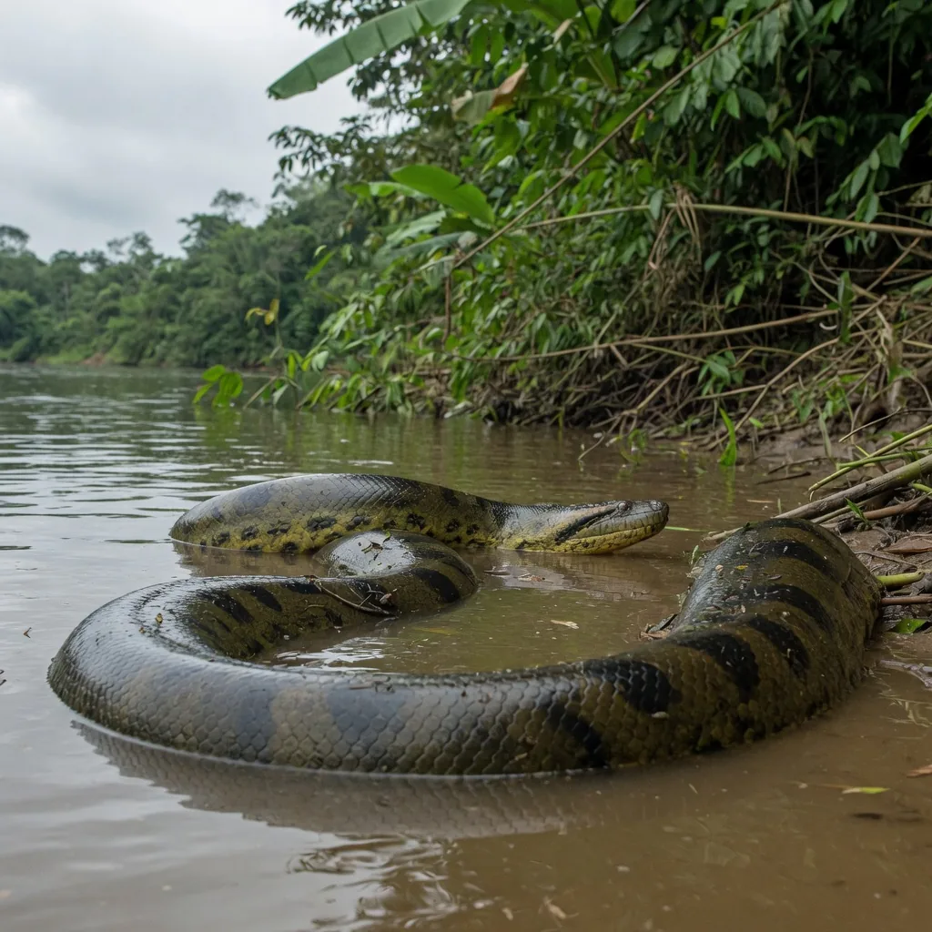 A massive green anaconda coiled in the shallows of an Amazon river, its thick olive-green body visible above the dark water