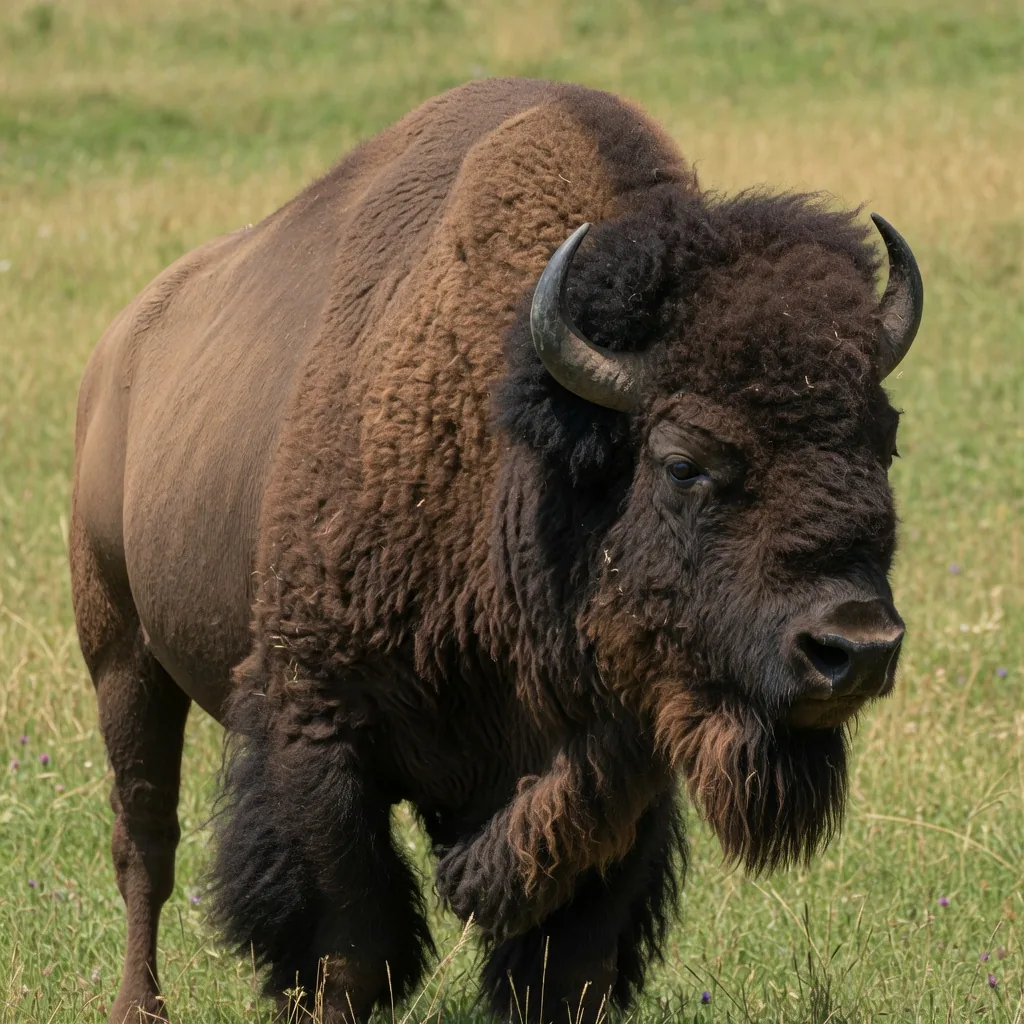 Close-up of an American bison showing its shoulder hump, shaggy beard, and short sharp horns.