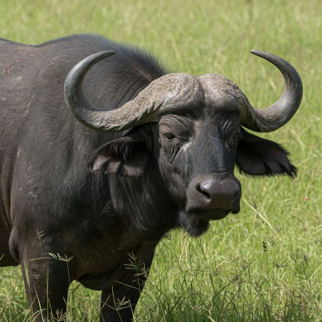 Close-up of an African Cape buffalo showing no hump, no beard, and wide curved horns joined by a bony shield.
