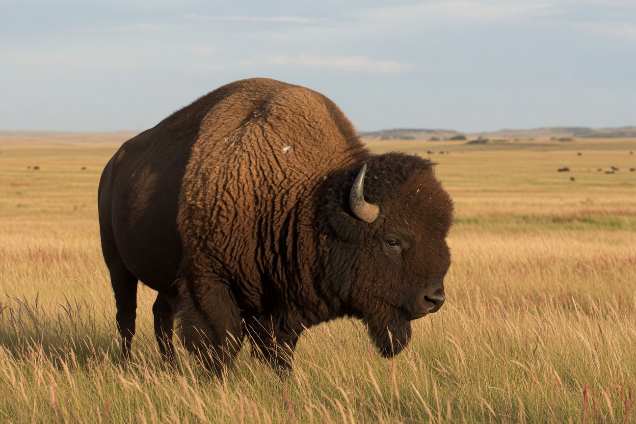 A large bison stands in tall grass on a vast plain with other bison grazing in the distance.