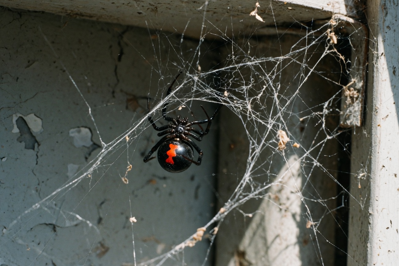 A black widow spider with a red hourglass marking hangs in a messy web beneath a weathered ledge.