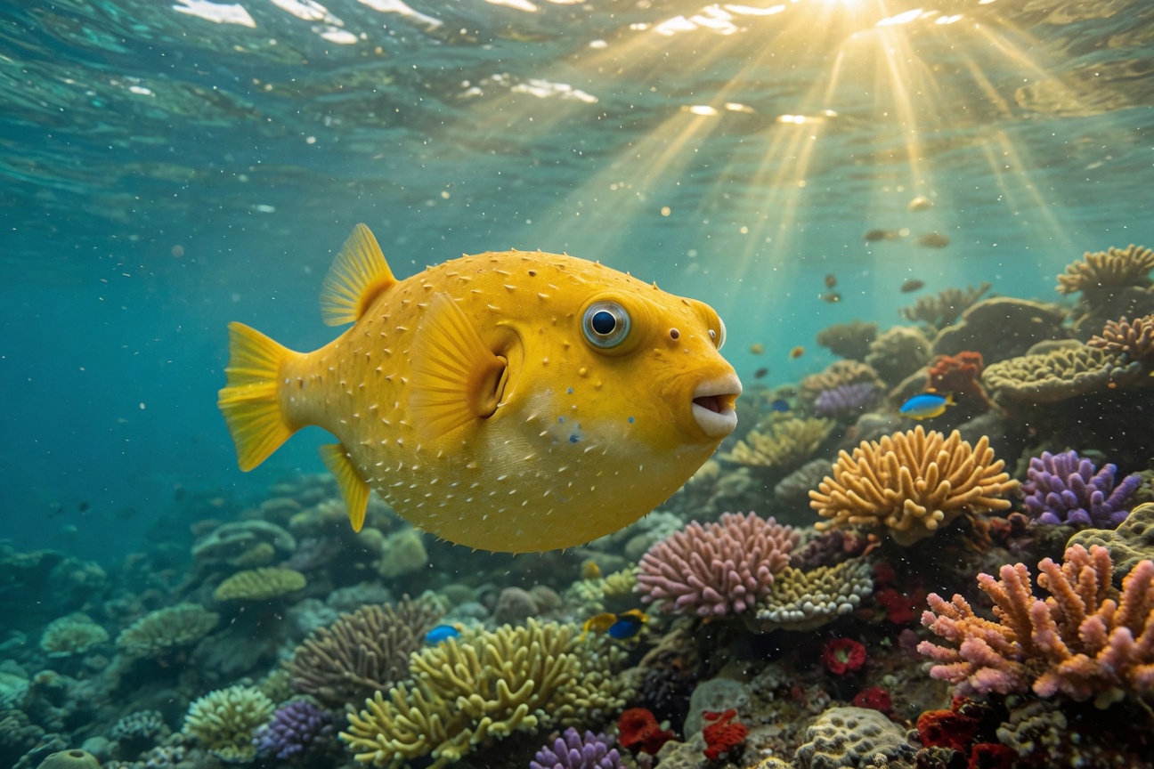 A yellow pufferfish swims above a colorful coral reef with sunlight filtering down from the surface.