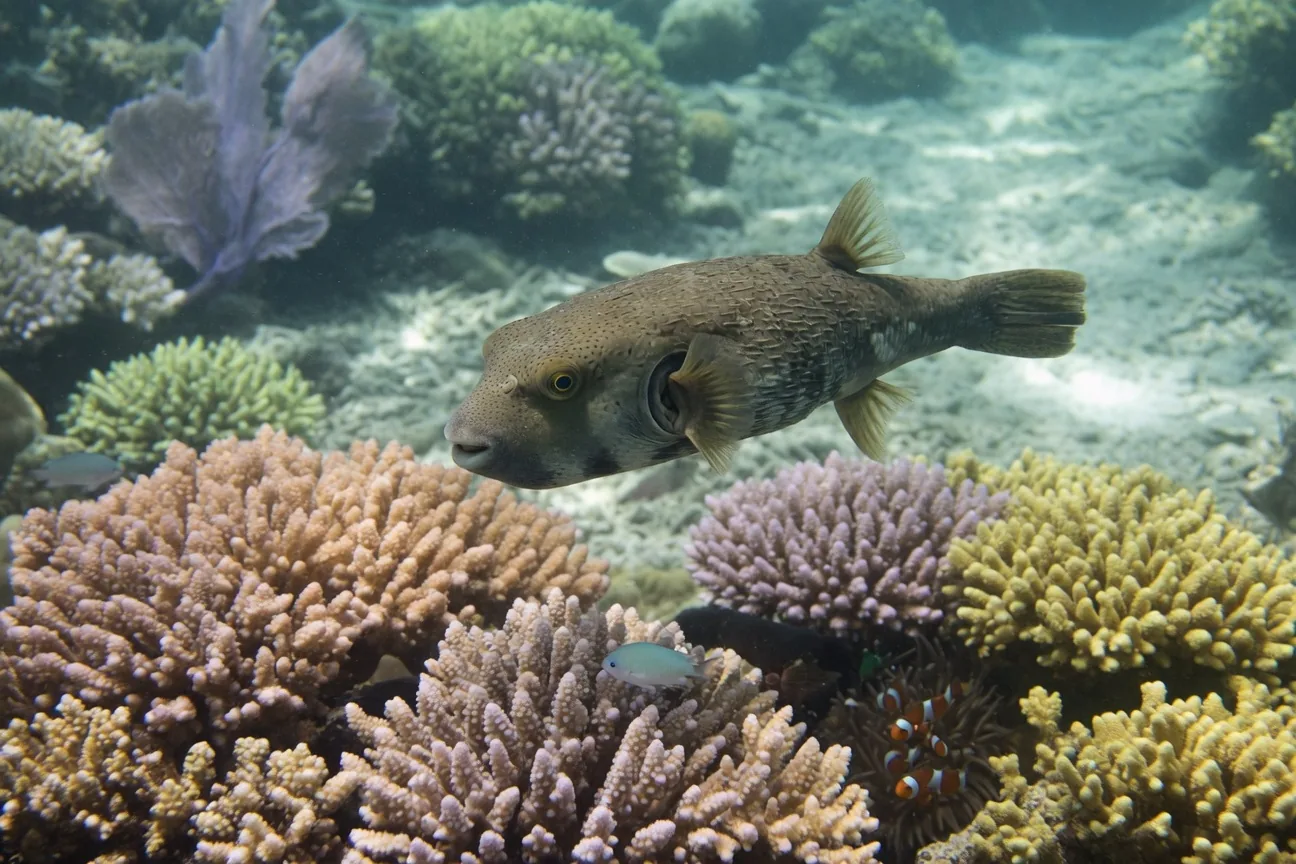 A blowfish in its normal, uninflated state swimming near a coral reef