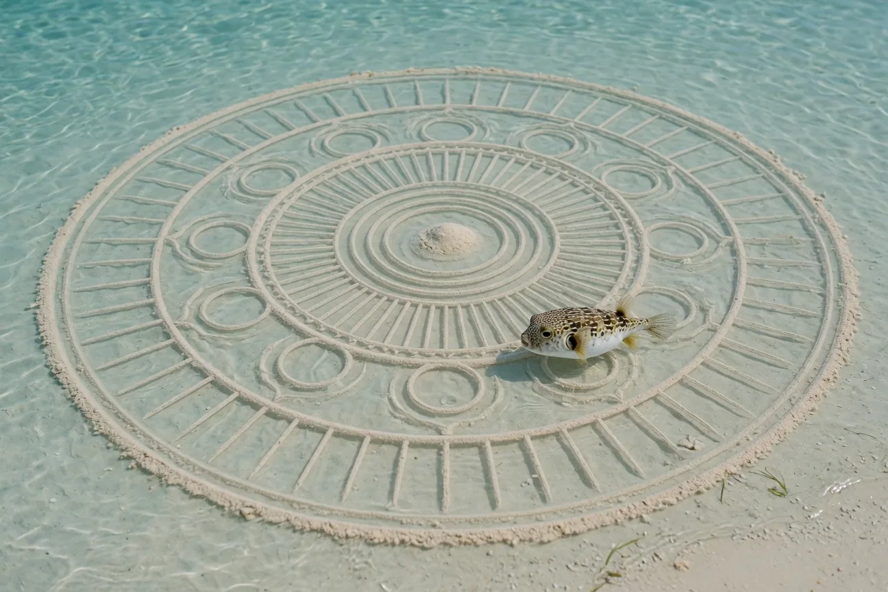 An intricate circular sand pattern created by a male puffer fish on the seabed to attract a mate