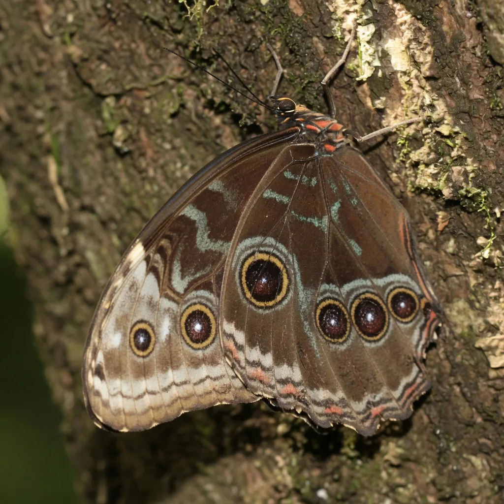 A Blue Morpho butterfly at rest with wings closed, showing the dull brown camouflaged underside with bronze eye spots against tree bark