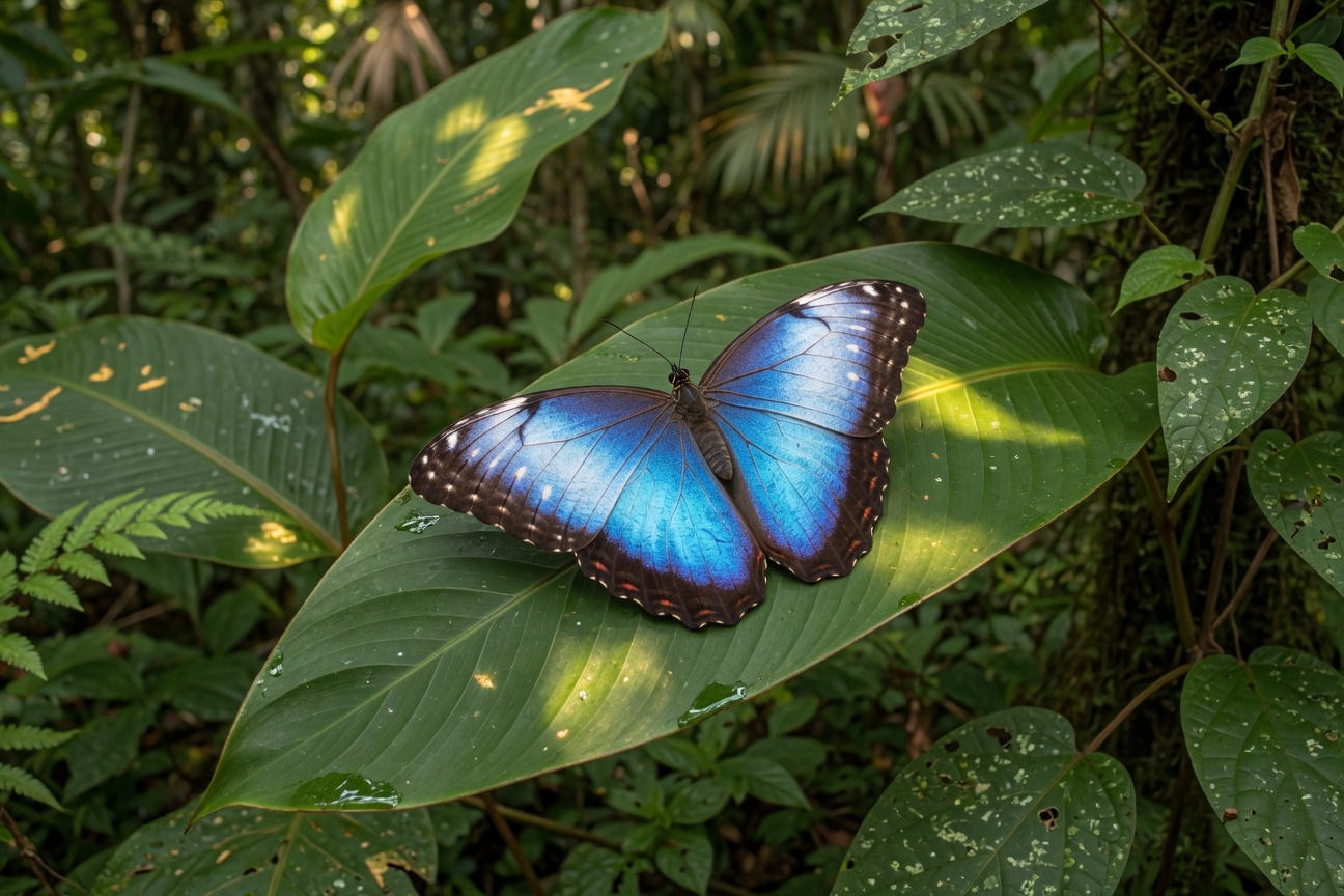 A Blue Morpho butterfly with iridescent blue wings rests on a large green leaf in a forest.