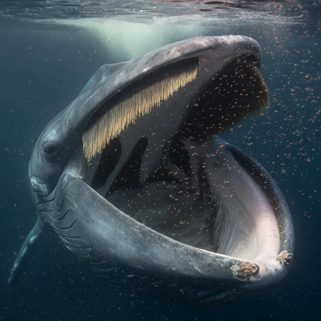Blue whale lunge feeding with baleen plates visible as it filters thousands of krill from the water