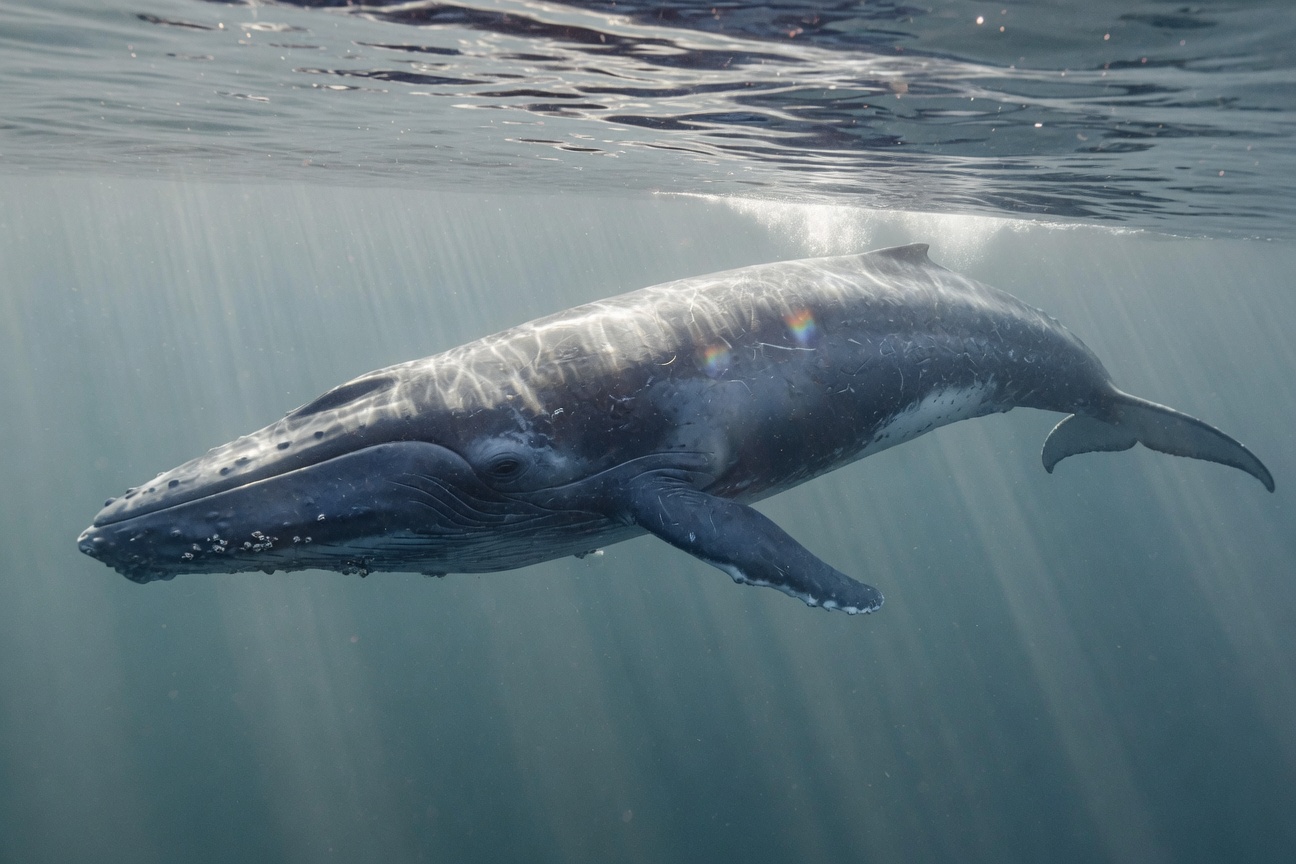 A large whale swims just beneath the water's surface with sunlight filtering through the blue water.