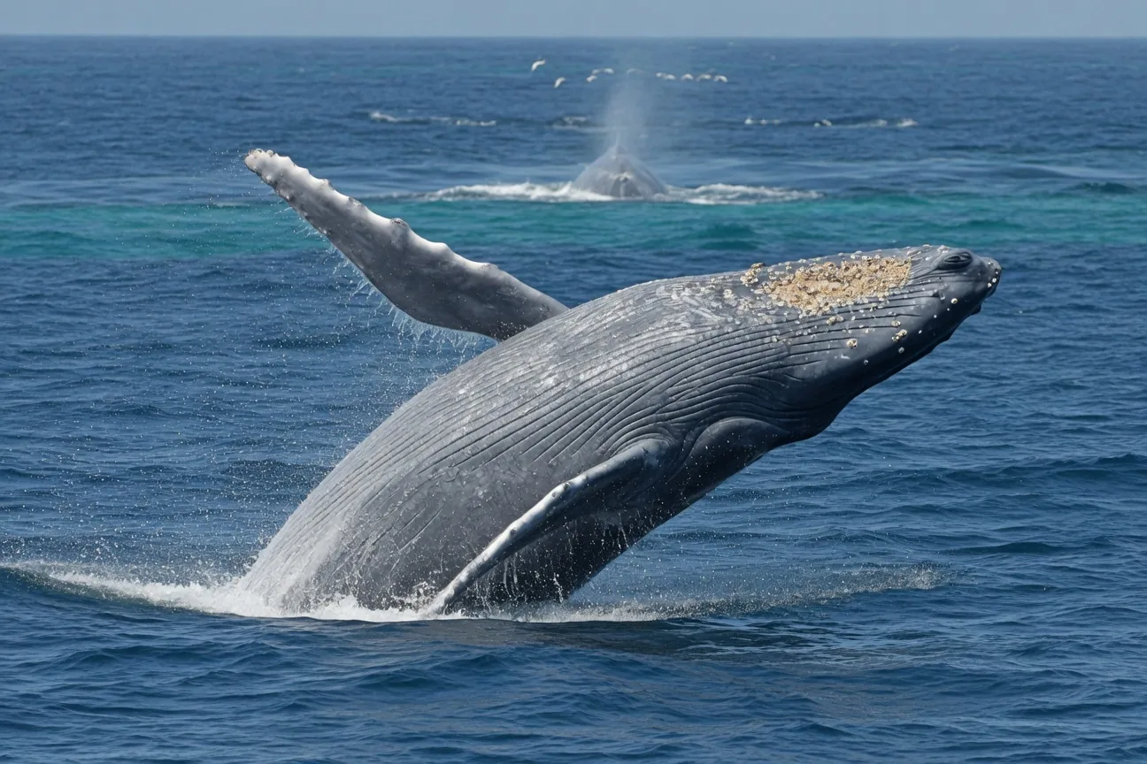 World map showing blue whale migration routes between polar feeding grounds and tropical breeding waters