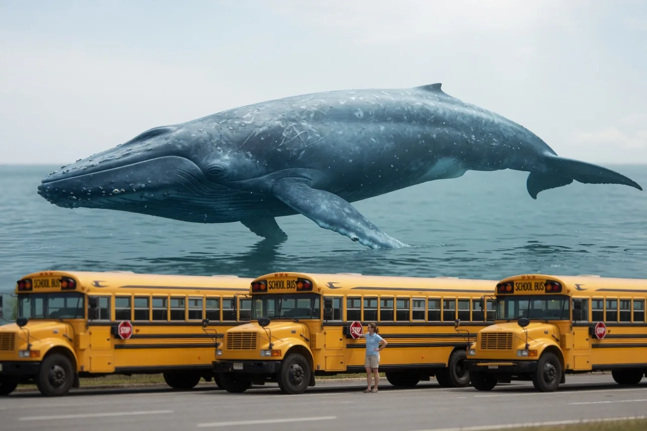 Size comparison diagram: blue whale next to 3 school buses, 25 elephants, and a human for scale