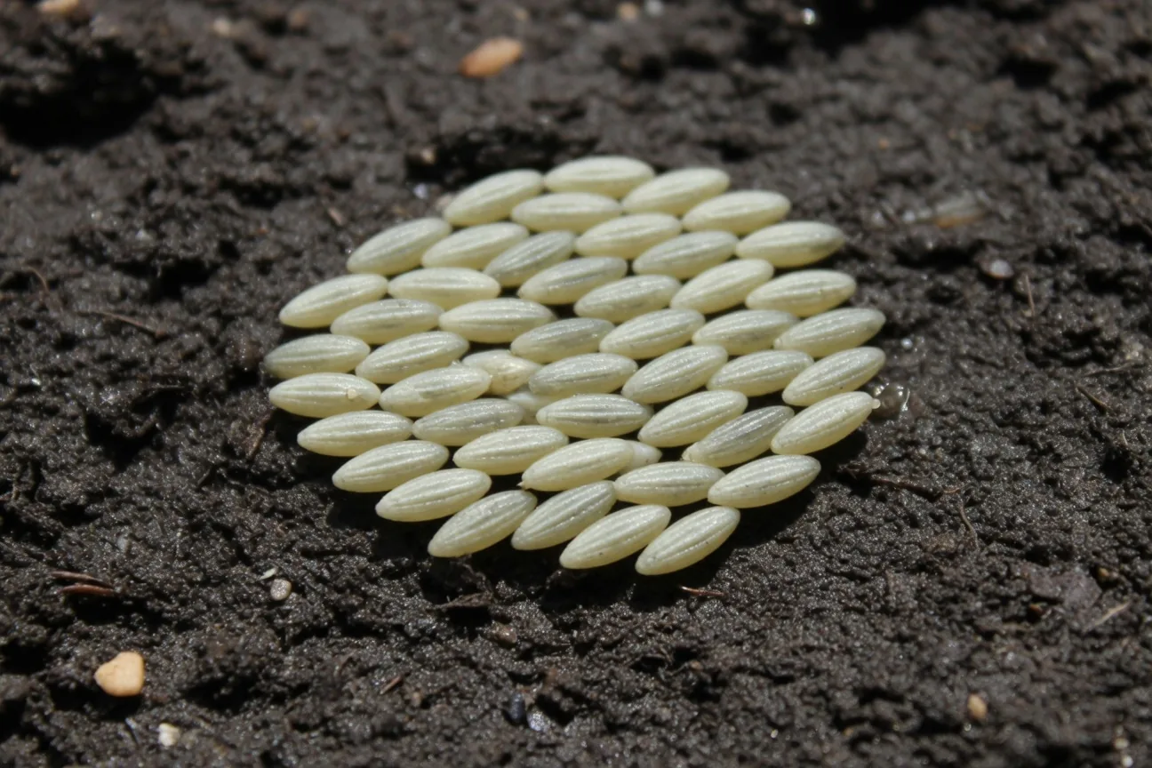 Tiny pale yellowish bottle fly eggs clustered on moist organic matter, each roughly 1 mm long