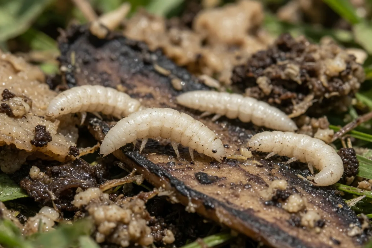 Pale white bottle fly maggots (larvae) on decomposing material, each about 10-14 mm long