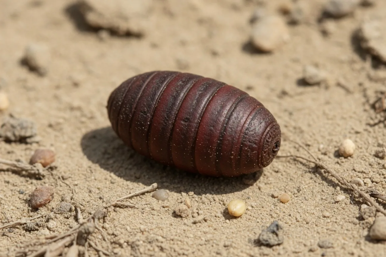 Dark brown barrel-shaped bottle fly puparium resting on dry soil, approximately 6 mm long