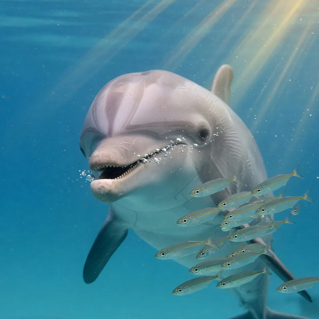 A bottlenose dolphin using echolocation underwater, with sound waves rippling outward in blue water