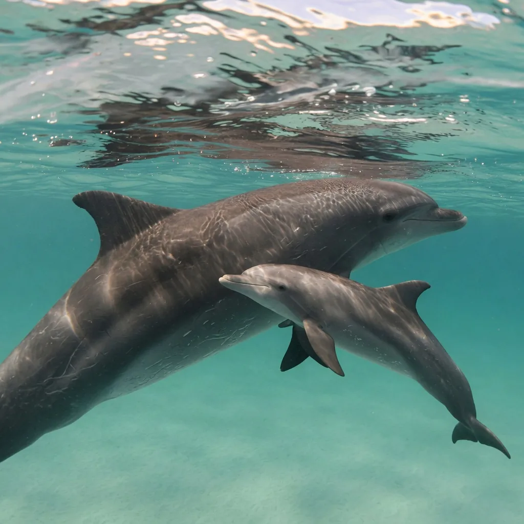A bottlenose dolphin mother and her calf swimming side by side in warm turquoise water