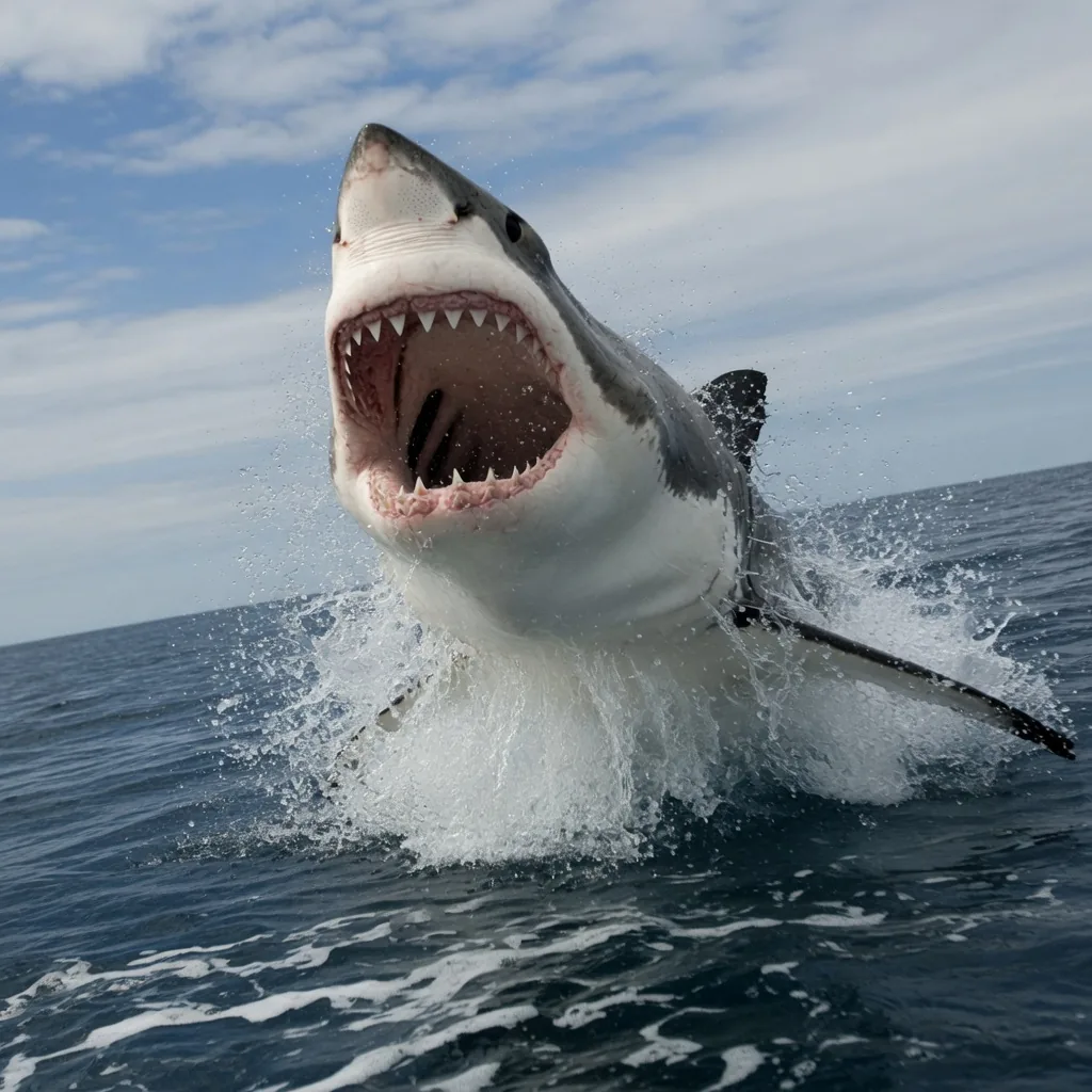 A great white shark breaching, leaping vertically out of the water with its jaws open