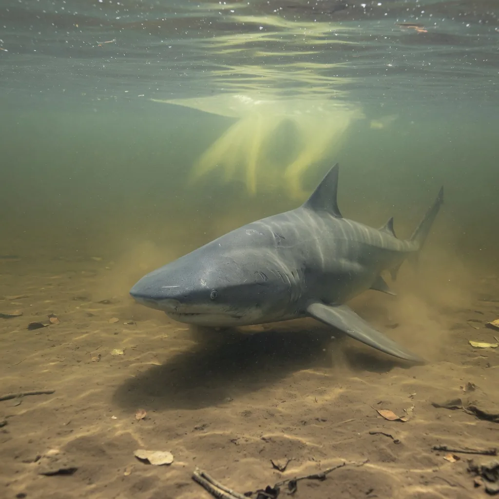 A bull shark cruising low over a silty riverbed in murky, greenish shallow water