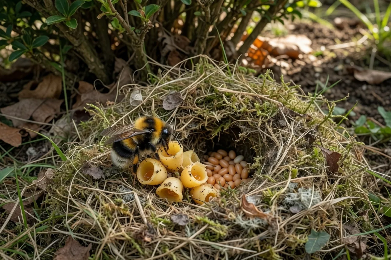 Bumblebee nest in the ground built in grass and moss, showing the queen and wax honeypots