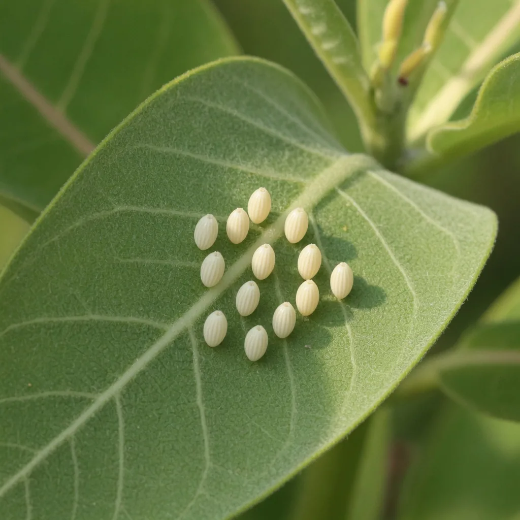 Monarch butterfly eggs on the underside of a milkweed leaf, tiny pale-jade ovate spheres with ribbed texture