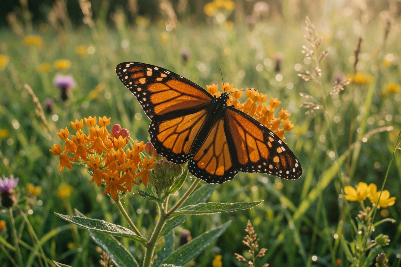 A Monarch butterfly with orange and black wings rests on a cluster of orange milkweed flowers in a sunny meadow.