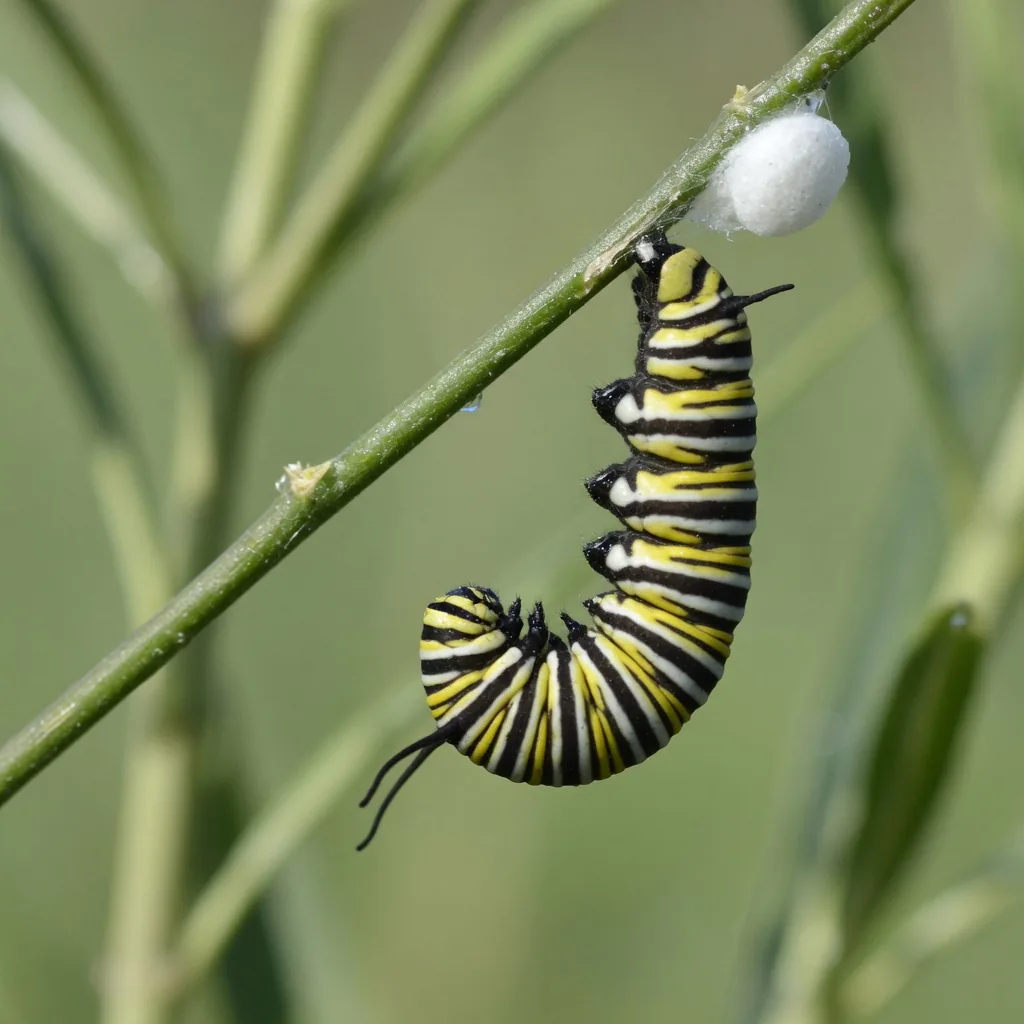 A Monarch caterpillar hanging in a perfect J-shape from a silken pad on a twig, just before forming its chrysalis