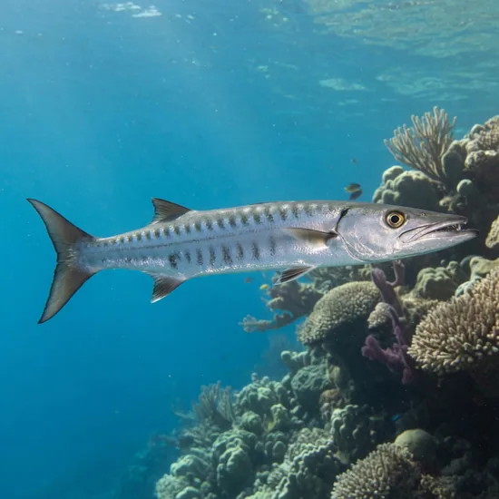 Blackfin barracuda with dark-tipped fins and faint body bars in clear ocean water