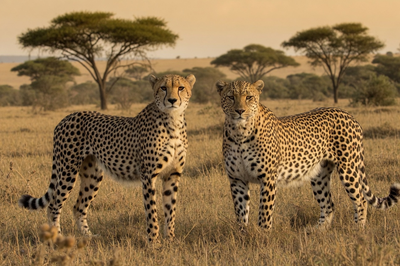 A cheetah and a leopard stand side by side in a grassy savanna with acacia trees in the background.