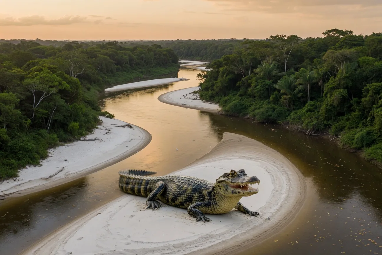 Aerial view of the Amazon River winding through dense rainforest, the candiru's home