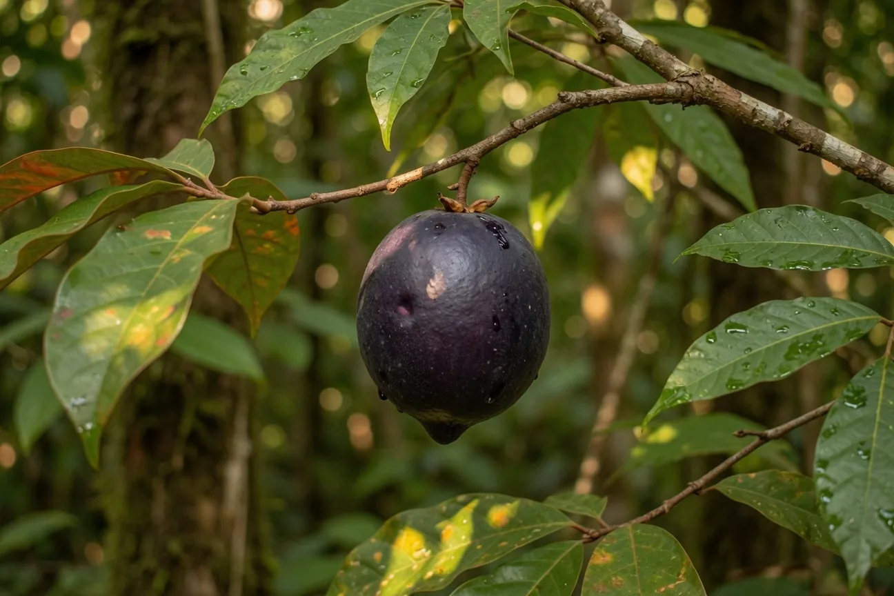 A ripe Genipa americana (jagua) fruit hanging from a branch in the South American rainforest