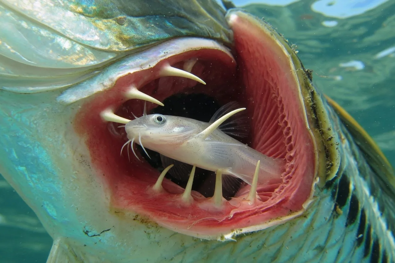 Illustration of a candiru's parasitic feeding method, anchoring inside a host fish's gill flap