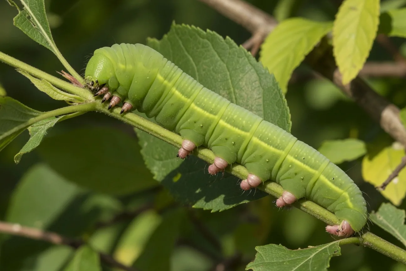 Close-up of a green caterpillar showing its segmented body, three pairs of true legs near the head, and soft gripping prolegs along the abdomen