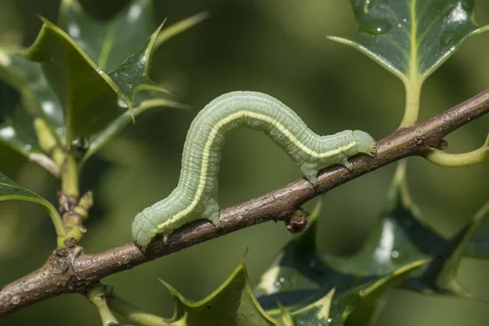 Green geometer looper caterpillar arched in its classic looping posture on a twig