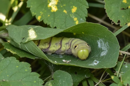 Pale green skipper caterpillar with a large head resting in a folded-leaf shelter