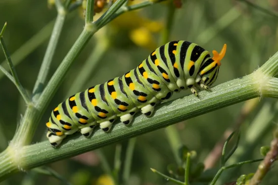 Black swallowtail caterpillar banded green, black and yellow showing its forked orange osmeterium