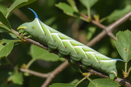Green lime hawk-moth hornworm with a horn on its tail clinging to a leaf stem