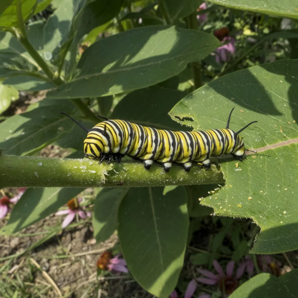 A striped caterpillar feeding on a leaf, showing its true legs and prolegs